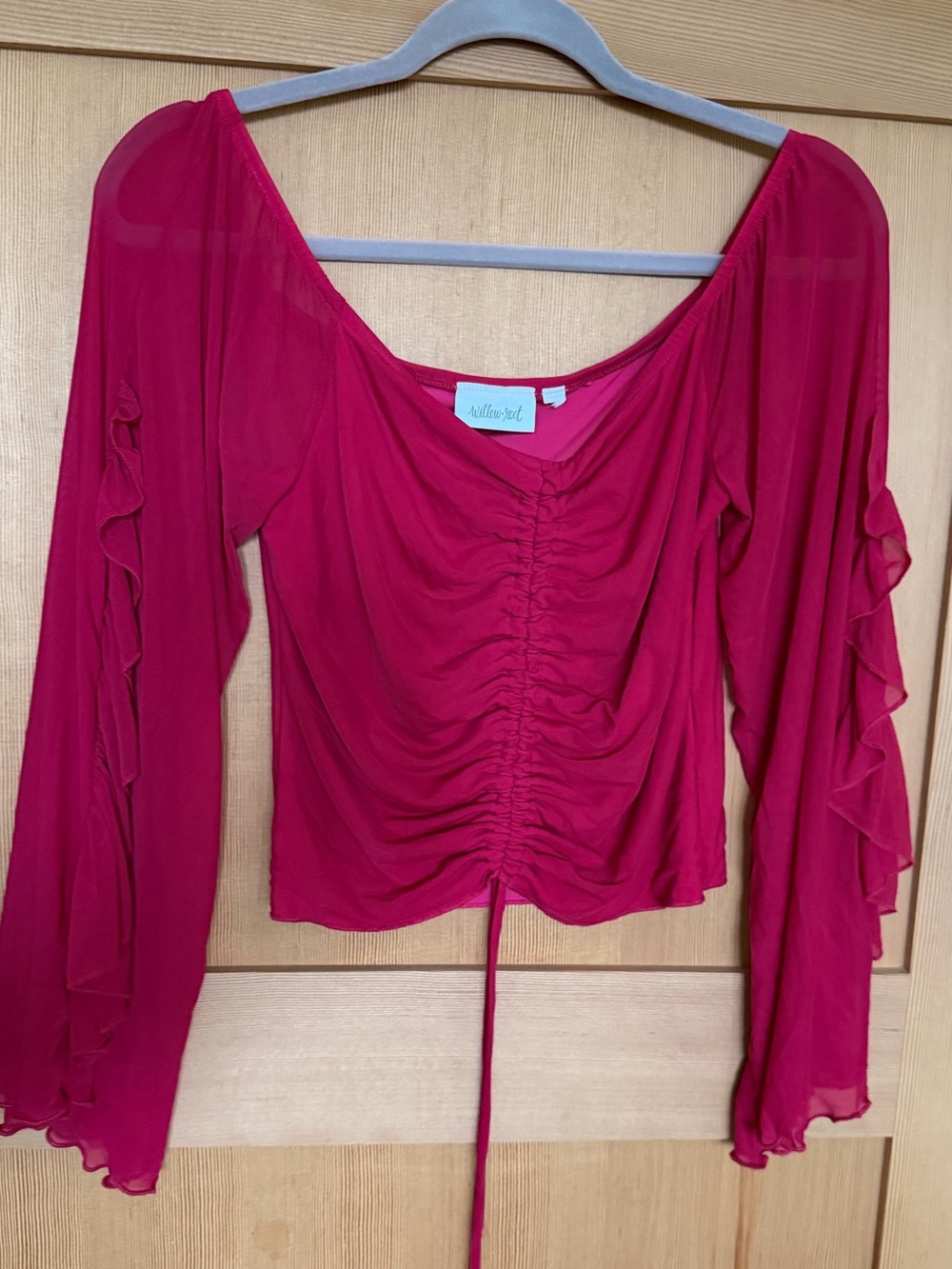 Ruched Fuchsia Long-Sleeve Blouse with Ruffle Sleeves